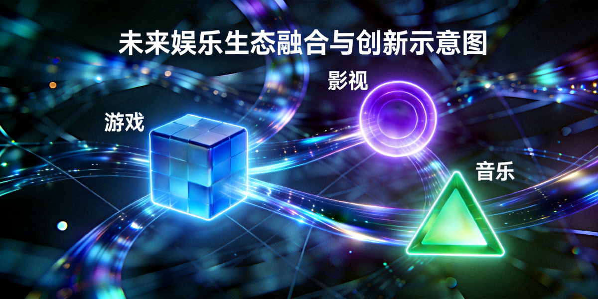 未来娱乐生态融合与创新示意图，展示游戏、影视、音乐等内容形态交织