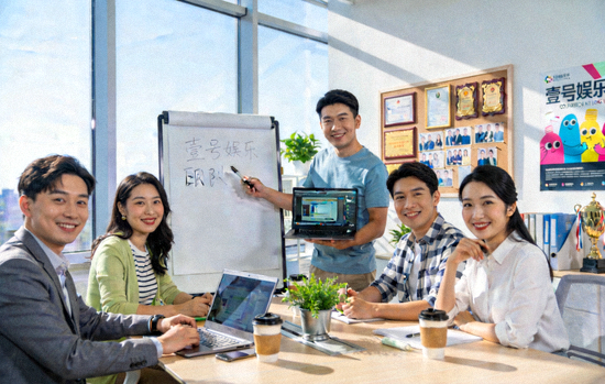 壹号娱乐团队成员在明亮开放的办公环境中协作讨论，体现积极向上的团队文化